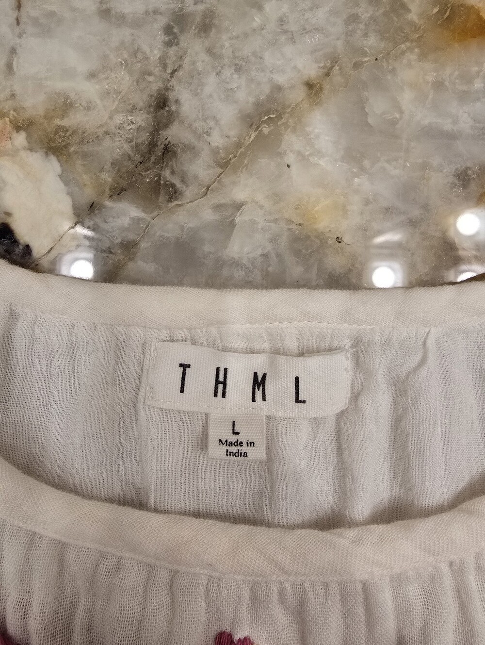 THML ivory cap-sleeve gauze Floral Embroidered Dress L - Picture 5 of 7